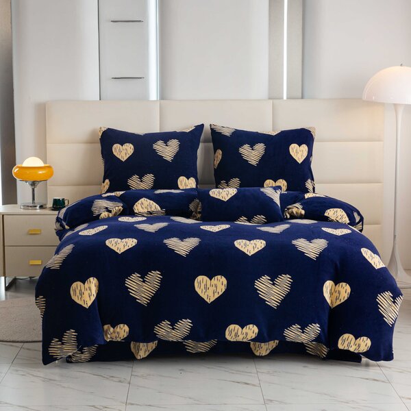 Pościel z mikropluszu GOLDEN HEARTS ciemnoniebieska Rozmiar pościeli: 70 x 90 cm | 140 x 200 cm