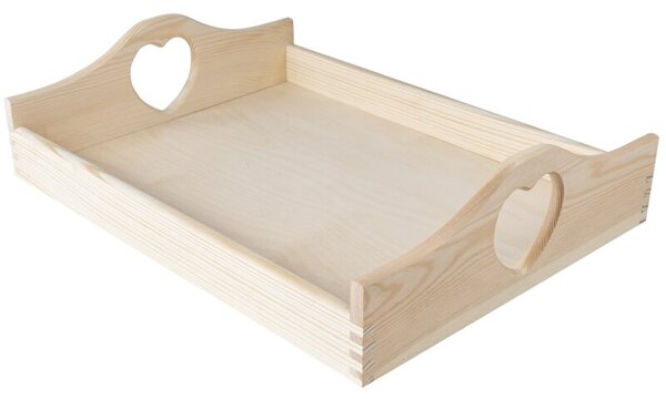 Duża Drewniana Taca z Uchwytami w Serca | CREATIVE DECO | 40x30x10,5cm | Naturalny