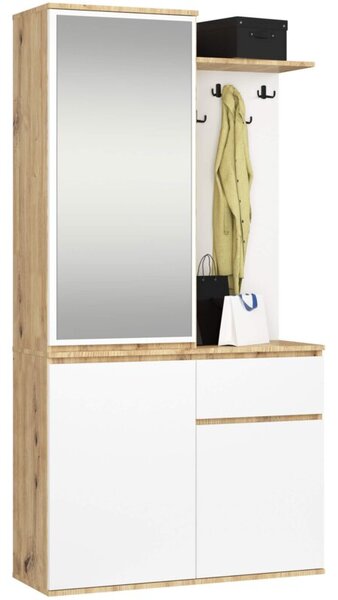 Zestaw do przedpokoju z lustrem AKORD ENTRO Dąb Artisan, Biały 95 cm 1 szuflada 3 drzwi 7 półek 95x35x183 cm