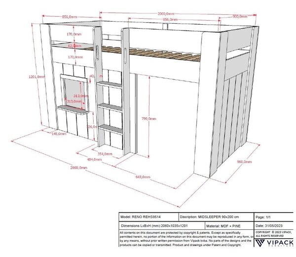 Białe podwyższone łóżko dziecięce z litego drewna sosnowego 90x200 cm RENO – Vipack