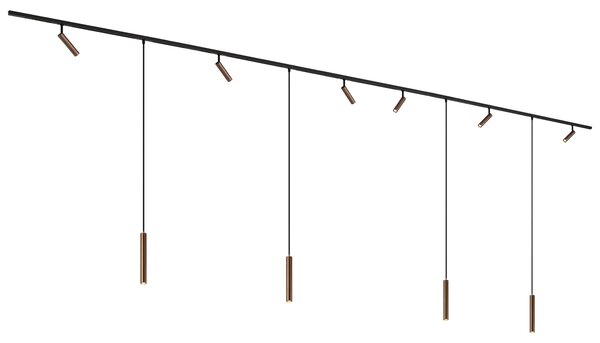 Nowoczesny system oświetlenia szynowego Slimline Uzzy Keno z 6 reflektorami i 4 lampami wiszącymi, ciemny brąz, 1-fazowy