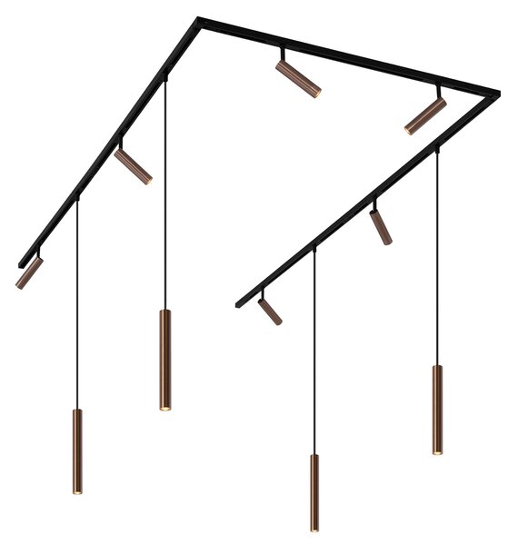 Nowoczesny system oświetlenia szynowego Slimline Uzzy Keno z 6 reflektorami i 4 lampami wiszącymi, ciemny brąz, 1-fazowy