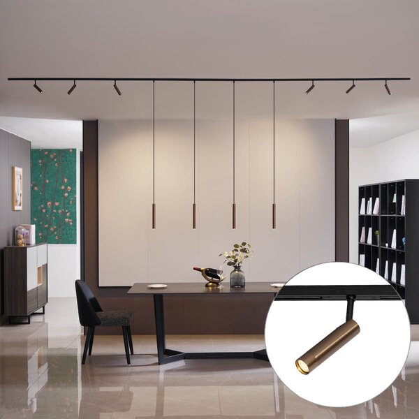 Nowoczesny system oświetlenia szynowego Slimline Uzzy Keno z 6 reflektorami i 4 lampami wiszącymi, ciemny brąz, 1-fazowy