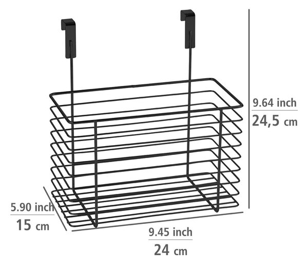 Czarny metalowy koszyk wiszący na drzwiczki kuchenne Wenko Slim, wys. 25 cm
