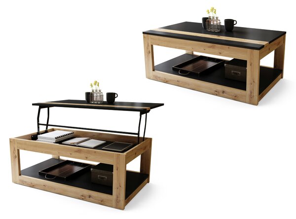 LUSSO Czarny Mat/Dąb Artisan - NOWOCZESNA ŁAWA STOLIK Z PODNOSZONYM BLATEM + SCHOWKIEM + PÓŁKĄ (NA KÓŁKACH!)