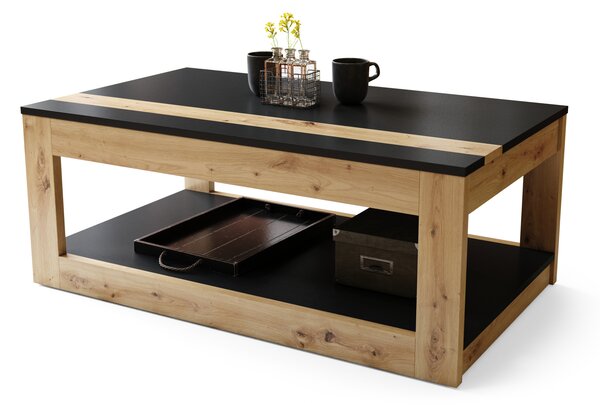 LUSSO Czarny Mat/Dąb Artisan - NOWOCZESNA ŁAWA STOLIK Z PODNOSZONYM BLATEM + SCHOWKIEM + PÓŁKĄ (NA KÓŁKACH!)