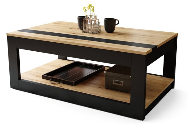 LUSSO Dąb Artisan/Czarny Mat - NOWOCZESNA ŁAWA STOLIK Z PODNOSZONYM BLATEM + SCHOWKIEM + PÓŁKĄ (NA KÓŁKACH!)