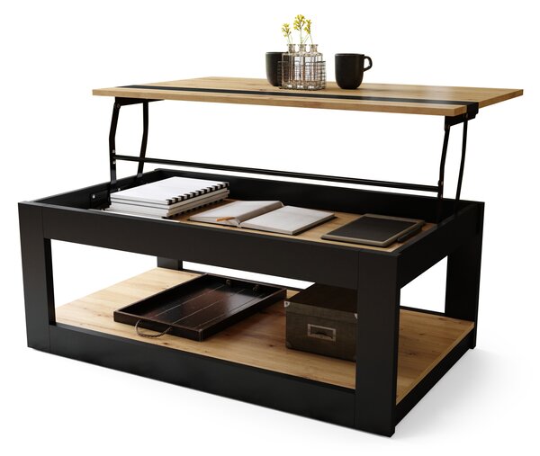LUSSO Dąb Artisan/Czarny Mat - NOWOCZESNA ŁAWA STOLIK Z PODNOSZONYM BLATEM + SCHOWKIEM + PÓŁKĄ (NA KÓŁKACH!)
