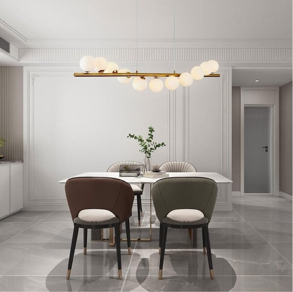 Lampa wisząca Stretto – nowoczesne oświetlenie w złotym odcieniu z 11 mlecznymi kloszami domodes