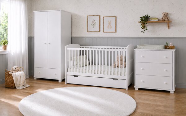 Zestaw mebli dla niemowląt BASIC BABY z łóżeczkiem NORA 140x70 – wybór uchwytów i koloru