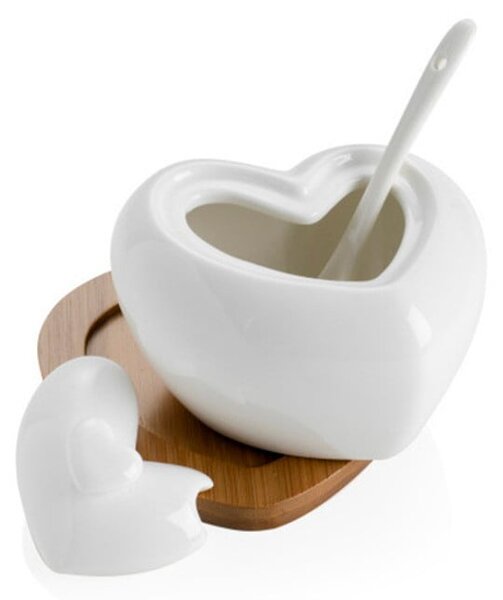 Porcelanowa cukierniczka z łyżeczką i bambusową podstawką Brandani Heart