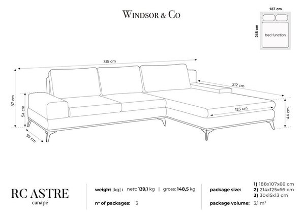 Ciemnoszary rozkładany narożnik Windsor & Co Sofas Planet, prawostronny