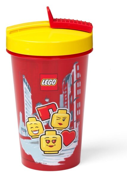 Czerwony kubek podróżny z żółtym wieczkiem i słomką LEGO® Iconic, 500 ml