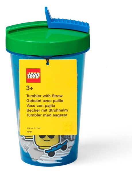 Niebieski kubek podróżny z zielonym wieczkiem i słomką LEGO® Iconic, 500 ml