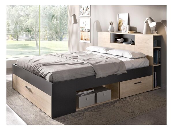 Łóżko z zagłówkiem, skrzyniami i szufladami - 140x190 cm - Kolor: Naturalny i antracyt - LEANDRE