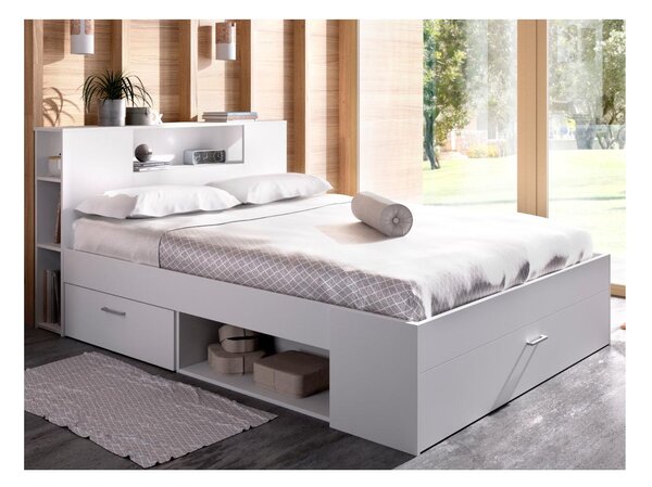 Łóżko z zagłówkiem, skrzyniami i szufladami - 160x200 cm - Kolor: biały - LEANDRE