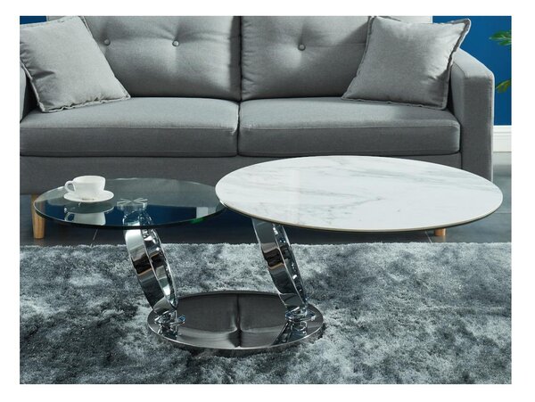 Stolik kawowy z obrotowymi blatami JOLINE - Hartowane szkło i ceramika - Efekt marmuru - Kolor biały