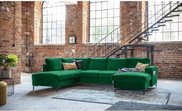Zielona aksamitna rozkładana sofa w kształcie litery "U" Miuform Lofty Lilly, lewostronna