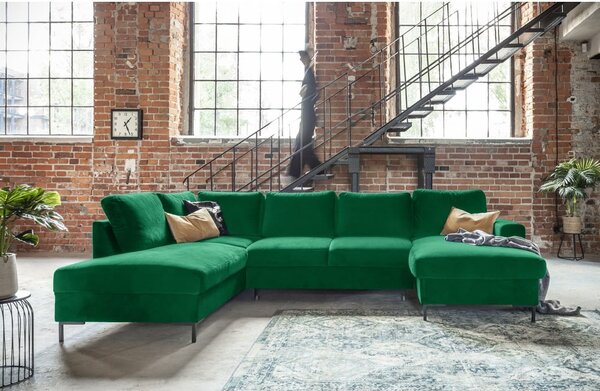 Zielona aksamitna rozkładana sofa w kształcie litery "U" Miuform Lofty Lilly, lewostronna