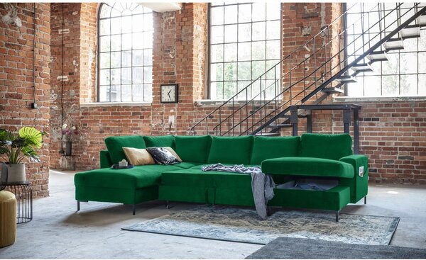 Zielona aksamitna rozkładana sofa w kształcie litery "U" Miuform Lofty Lilly, lewostronna
