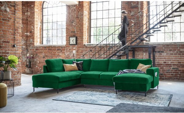 Zielona aksamitna rozkładana sofa w kształcie litery "U" Miuform Lofty Lilly, lewostronna