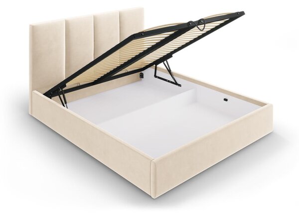 Beżowe tapicerowane łóżko dwuosobowe ze schowkiem ze stelażem 160x200 cm Juniper – Mazzini Beds