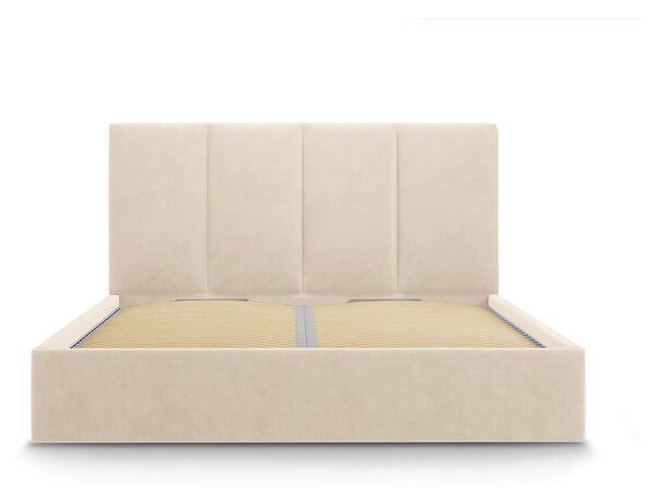 Beżowe tapicerowane łóżko dwuosobowe ze schowkiem ze stelażem 160x200 cm Juniper – Mazzini Beds