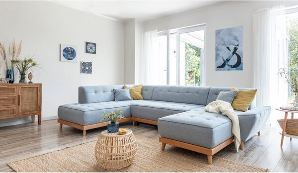 Jasnoniebieska rozkładana sofa w kształcie litery "U" Miuform Dazzling Daisy, lewostronna