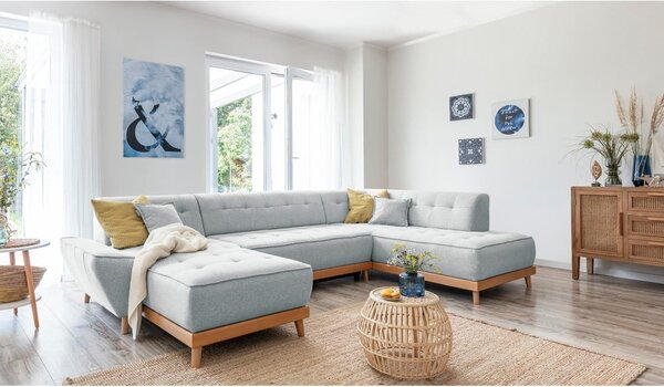 Jasnoszara rozkładana sofa w kształcie litery "U" Miuform Dazzling Daisy, prawostronna
