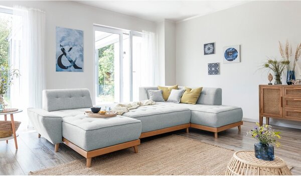 Jasnoszara rozkładana sofa w kształcie litery "U" Miuform Dazzling Daisy, prawostronna