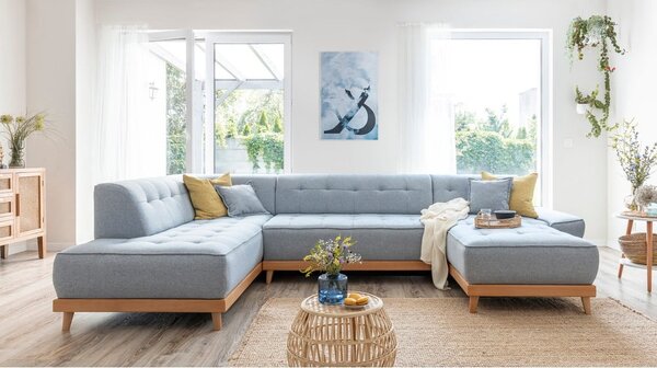 Jasnoniebieska rozkładana sofa w kształcie litery "U" Miuform Dazzling Daisy, lewostronna