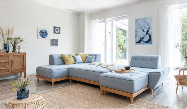 Jasnoniebieska rozkładana sofa w kształcie litery "U" Miuform Dazzling Daisy, lewostronna