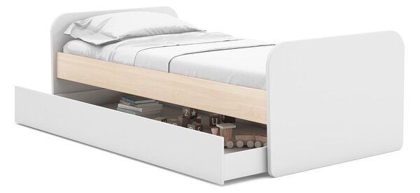 Białe łóżko dziecięce w dekorze sosny z wysuwanym łóżkiem ze schowkiem i stelażem 90x200 cm Esteban – Marckeric