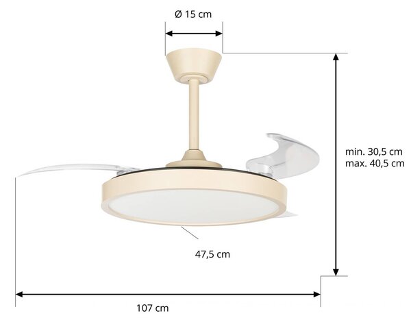 Wentylator sufitowy LED Lindby Orasu, Ø 107 cm, beżowy, CCT Orasu, kremowy / amber, salon / jadalnia, metal, nowoczesny
