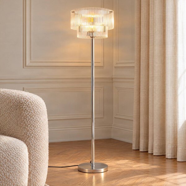 Lampa stojąca Meritt Lucande, chromowy / srebrny, salon / jadalnia, szkło, nowoczesny
