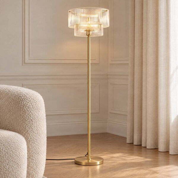 Lampa stojąca Meritt Lucande, mosiężny / złoty, salon / jadalnia, szkło, nowoczesny