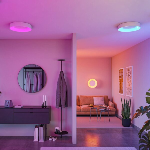 Paulmann Lampa sufitowa Smart LED Casca, biała, Ø 40 cm, RGBW, IP44 możliwość ściemniania, biały / opal, salon / jadalnia, metal, nowoczesny