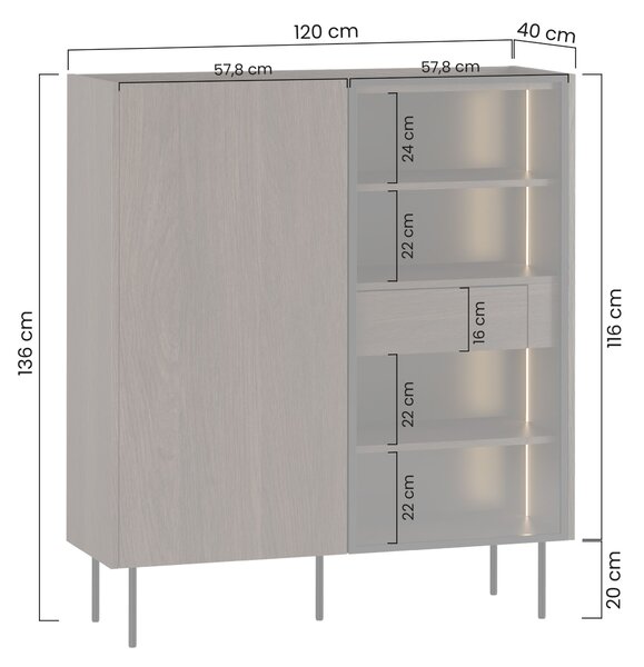 Witryna Dunari 120 cm dwudrzwiowa z ukrytymi szufladami - dąb dunin