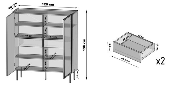 Witryna Dunari 120 cm dwudrzwiowa z ukrytymi szufladami - dąb dunin