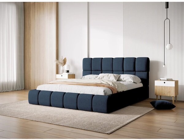 Ciemnoniebieskie tapicerowane łóżko dwuosobowe ze schowkiem i stelażem 180x200 cm Bellis – Micadoni Home