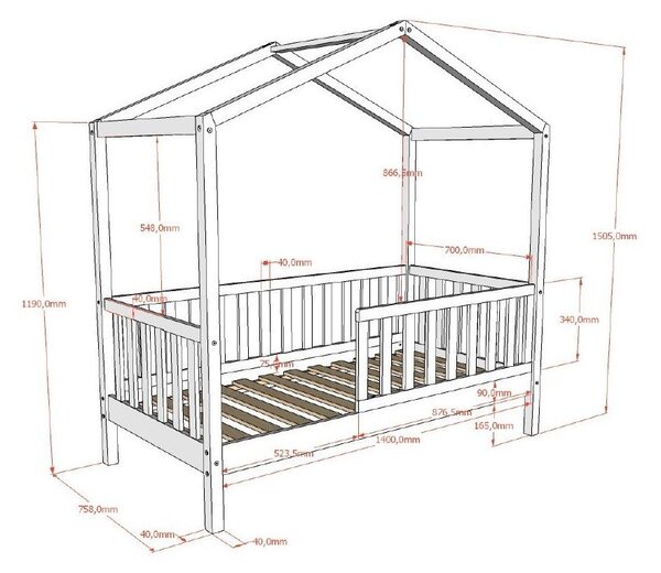 Białe łóżko dziecięce z litego drewna sosnowego w kształcie domku ze stelażem 70x140 cm DALLAS – Vipack
