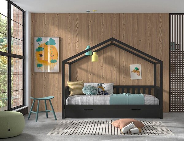 Antracytowe łóżko dziecięce z litego drewna sosnowego w kształcie domku z wysuwanym łóżkiem ze schowkiem 90x200 cm DALLAS – Vipack