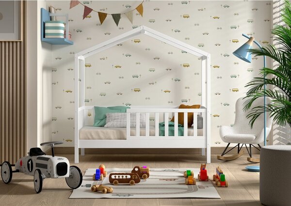 Białe łóżko dziecięce z litego drewna sosnowego w kształcie domku ze stelażem 70x140 cm DALLAS – Vipack