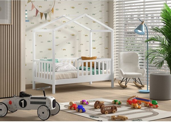 Białe łóżko dziecięce z litego drewna sosnowego w kształcie domku ze stelażem 70x140 cm DALLAS – Vipack