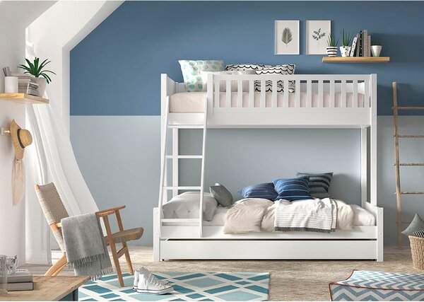Białe piętrowe łóżko dziecięce z litego drewna sosnowego ze schowkiem 140x200/90x200 cm SCOTT – Vipack