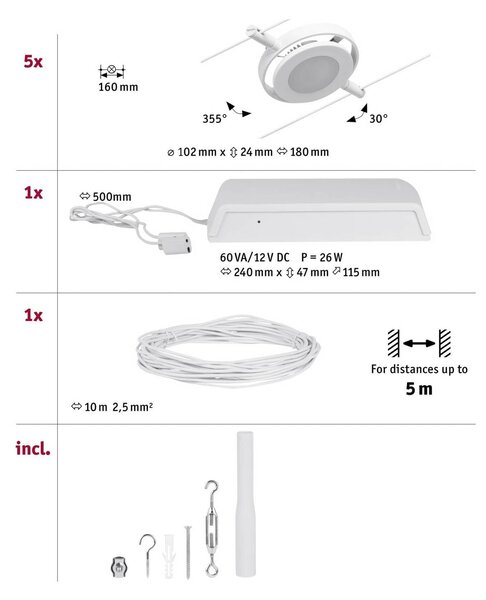 Paulmann Wire RoundMac system linkowy LED, 5-punktowy, biały, biały / opal, przedpokój, metal, nowoczesny