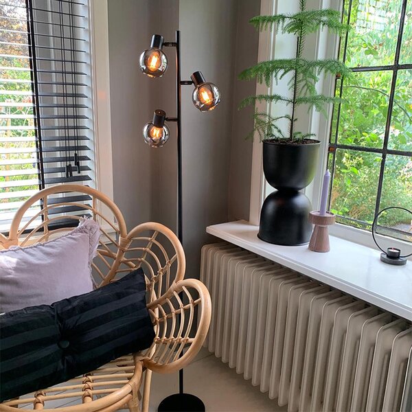 Lampa podłogowa art deco czarna 3-światłowa z przydymionym szkłem - Vidro