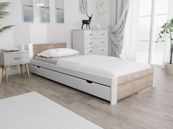 Łóżko IKAROS 80 x 200 cm, białe/dąb sonoma Stelaż: Ze stelażem listwowym rolowanym, Materac: Bez materaca