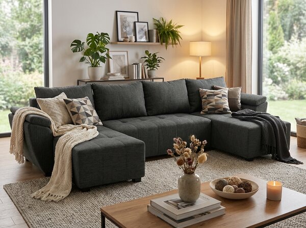 Rozkładana sofa narożna w kształcie U LIVARO 305x140 cm, ciemnoszara