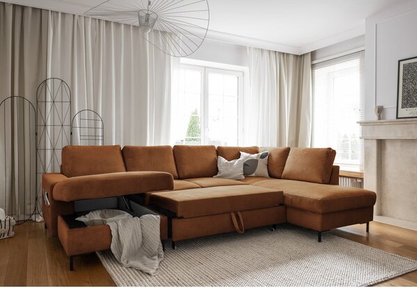 Pomarańczowobrązowy sztruksowy rozkładany narożnik (prawostronny) Lofty Lilly – Miuform